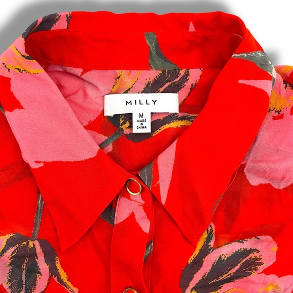 Milly Red Pink Tulip Floral Print Rayon Blouse Ruffle Cuff Button Down Size M - Picture 3 of 6